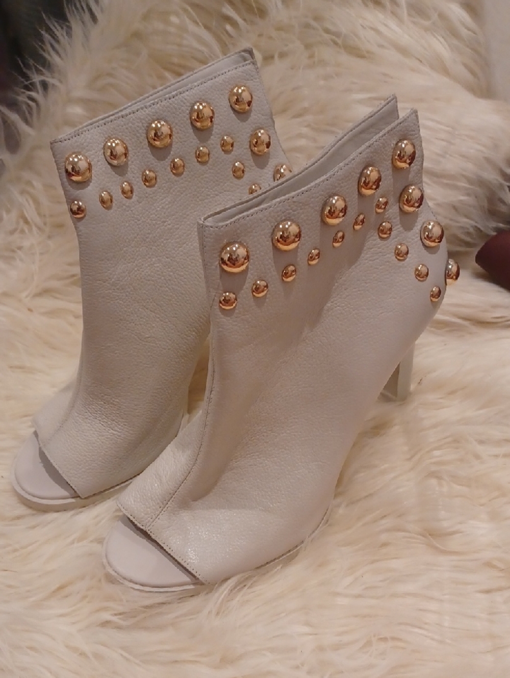 White Peep-Toe Ankle Boots with Gold Stud Accents